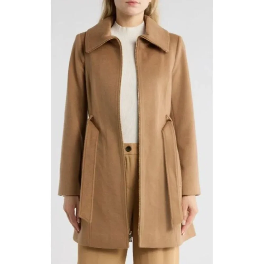 Michael Kors Womens Carmel Full Zip Wool Blend Belted Mid Length Coat Sz L New